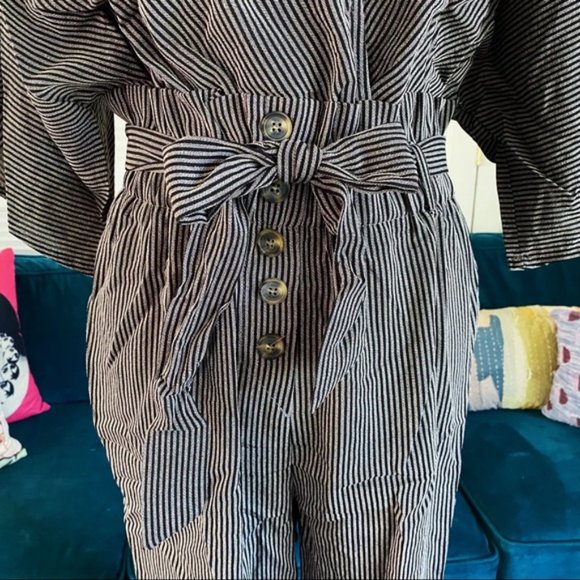 Umgee | Carmen Pinstripe Jumpsuit Paperbag Wide Sleeve Charcoal Black New Medium - Picture 7 of 15